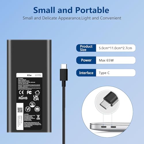 New 65W USB C Power Adapter Compatible with Dell Latitude 3440/3540/5320/5420/5430/5440/5520/5530/5540/7330/7340/7400/7430/7440/XPS 13,ChromeBook 3100,2-in-1 Tablet,Type C Adapter Power Cord
