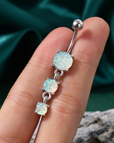 COCHARM Cute Dangly Opal Belly Button Rings 14g 316L Stainless Steel Dangle Navel Rings for Women Belly Button Piercing Dangling Navel Bar 6