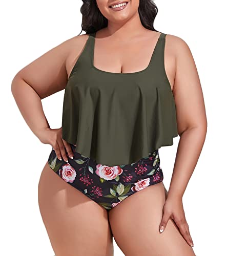 Mooncore Womens Plus Size Swimsuit High Waisted Tankini Bathing Suits Two Piece Flounce Bikini Swimsuit