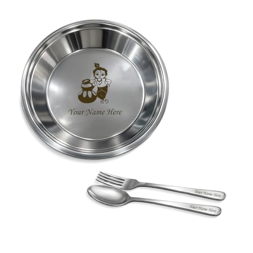 Image of SAVRI Personalized Stainless Steel Round Shape Serving Plate with Name & Favourite Character Engraved | Maggie, Kids, Snacks, Breakfast Plate | for Birthday, Return Gifts. Size - 6 * 6 inches