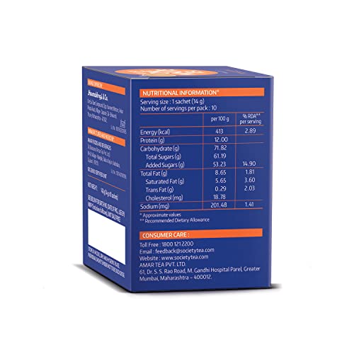 Image of Society One Minute Tea | Masala Flavour | Made With Ginger, Clove, Black Pepper, Cinnamon | Masala Chai | Flavoured Instant Tea | 14G X 10 Sachets | Pack Of 2, 14 grams