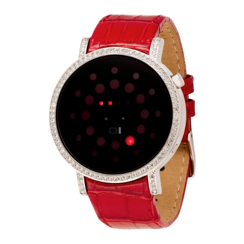 01TheOne Women's Odins Rage Crystal Accented Red LED Leather Watch #ORS502R1