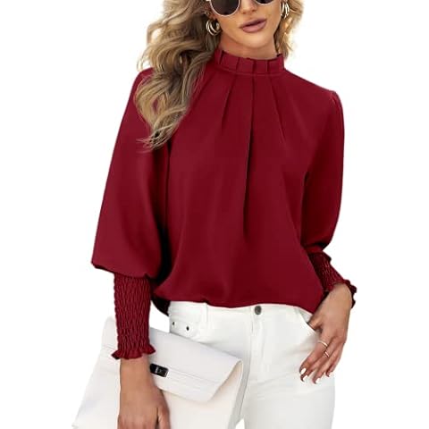 Teurkia Womens Long Sleeve Blouse Office Loose Trendy Casual Work Shirt Tops Wine Red Cover