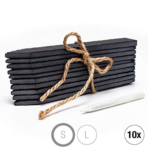Amazy Schiefer Pflanzenschilder Set L (10 Stück) inkl. Kreidestift zum Beschriften – Der rostfreie Gartenstecker – Für individuelles Kennzeichnen von Pflanzen und Kräutern Plus Juteband (20 x 3 cm)
