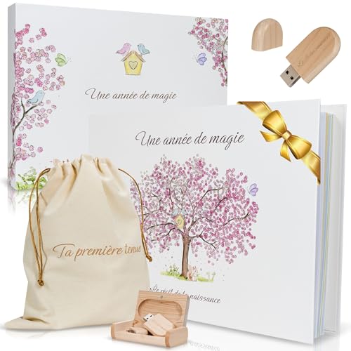 Livre de naissance bébé avec Clé Usb pour les souvenirs numérique et Pochon pour la 1ère tenue- Album Photo Bebe 116 pages pour coller vos photos et...
