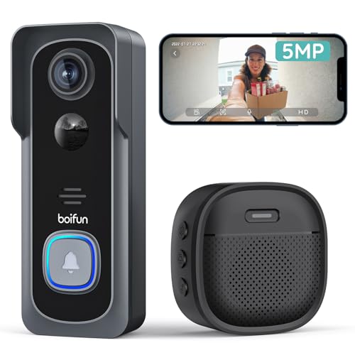 BOIFUN 5MP Sonnette sans Fil Exterieur Etanche, Grand Angle de 166°, IP65 Étanche, Installation Facile, Détection Humaine PIR, Vision Nocturne, Audio Bidirectionnel,...