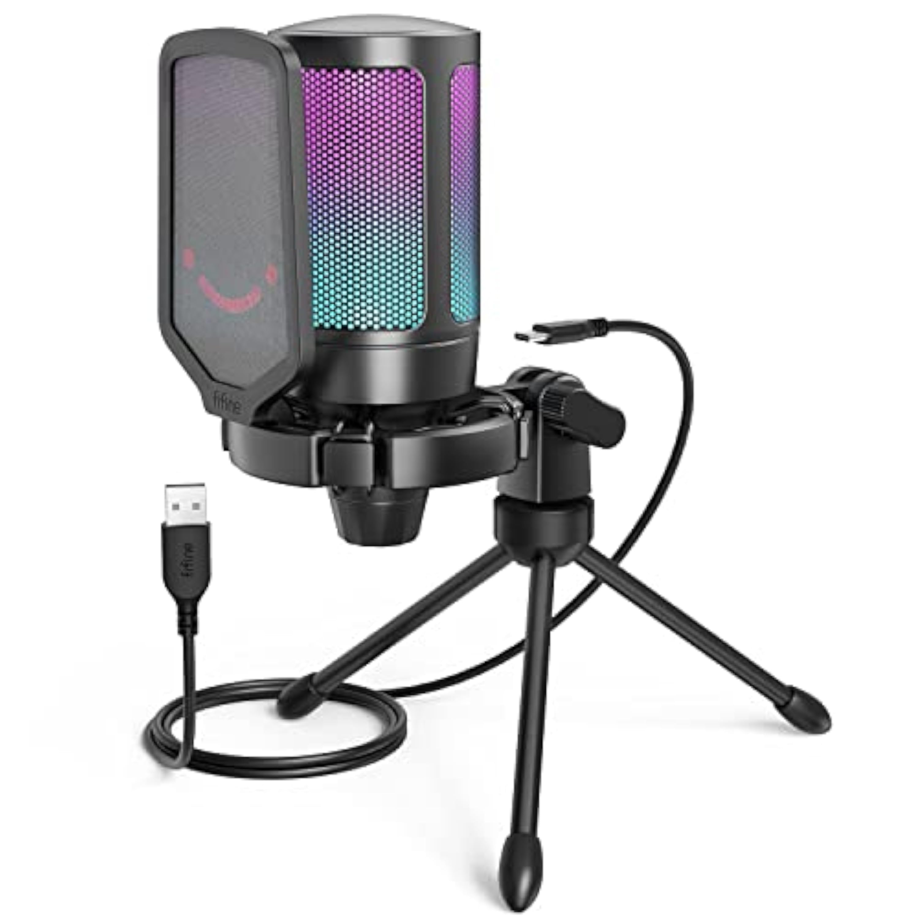 FIFINE Gaming Microfono para PC PS4 PS5, USB Condensador Micrófono de Cardioide para Ordenador Podcast Streaming Studio, con RGB, Botón de Silencio, Trípode, Filtro Anti-Pop, Soporte de Choque