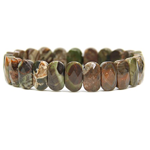 Amandastone - Braccialetto elastico unisex, con pietre semi-preziose sfaccettate di forma ovale da 14 mm, lunghezza 17,78 cm e Senza metallo, colore: Agata fiorita., cod. Gem14mOval-35