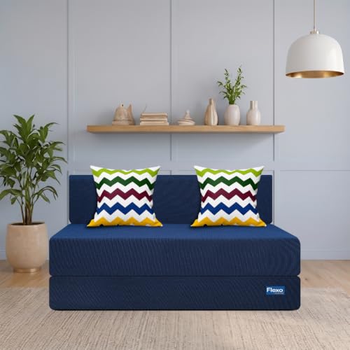 Image of Starlon 2 Seater Foldable Sofa Cum Bed 3-in-1 with 2 Waves Pattern Pillows, Washable Jute Fabric Cover, Space Saving Guest Bed, Pre-Assembled Royal Navy Blue 4x6 Ft