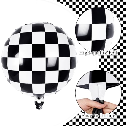 Image of 12 Pcs Checkered Balloons, 18 Inch Checkered Racing Foil Balloons, Black and White Checkerboard Mylar Balloons for Race Car Birthday Party Supplies Decorations (Pack of 2)