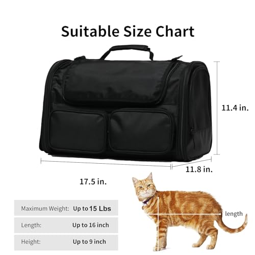 Image of FUKUMARU Cat Carrier, Soft-Sided Small Dog Carrier, Large Cat Travel Bag with 4 Mesh Windows, Airline Approved Pet Carrier with 4 Storage Pockets, Rollable Cover for Nervous Cats (Black)