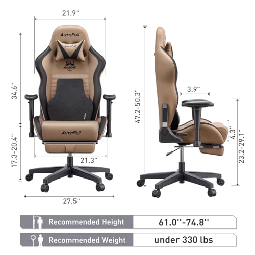 AutoFull C3 Gaming Stuhl, Ergonomisch Gaming-Stuhl mit Lordosenstütze, Höhenverstellbar & Neigungsfunktion, Gaming Stühle mit Fußstütze, 150 kg Belastbarkeit, Rennsitzdesign PU Leder (Braun) – Bild 4