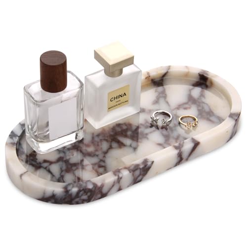 Natural Marble Tray Oval Bathroom Vanity Tray for Countertop Elegant Stone Decorative Organizer for Perfume Jewelry Home Decor (1 Calacatta Viola 10 x 5 x 0.6)
