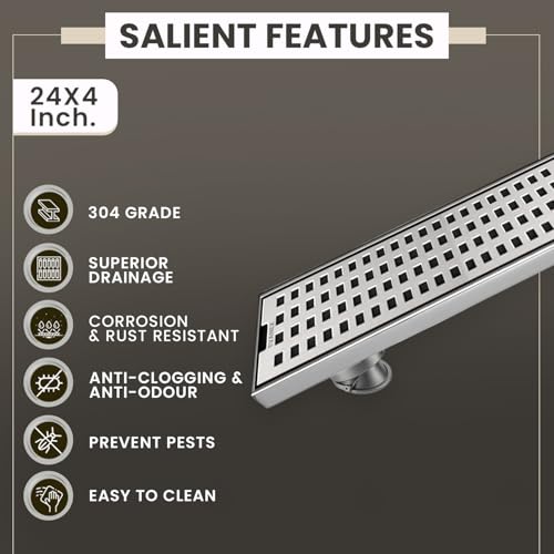 Image of EVANEX Linear Shower Drain Channel | 24x4 Inches Bathroom Drainer | Waste Water Linear Floor Drain Channel | 304 Stainless Steel Bathroom Drainer with Anti Cockroach Trap | Bathroom Jali