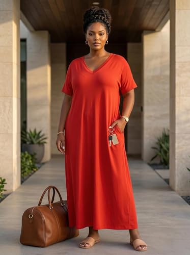 Image of SUZONANA Women Casual T-Shirt Dress V Neck Short Sleeve Solid Color Oversize Dress with Front Two Pockets