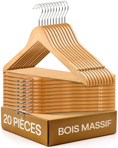 Praknu Lot de 20 Cintres Bois - Cintre en Bois Adulte avec Barre Et Crochet Rotatif À 360° - Cintres en Bois pour Chemises Et Porte-Manteau