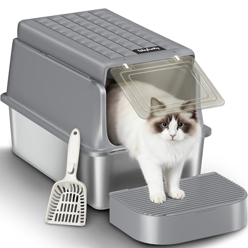Fobyfurny Lettiera Acciaio Inox Chiusa con Coperchio, Lettiera Gatto Acciaio Inox XXL, con Paletta e Pedana, Rimovibile, Coperchio Incernierato a 120°, Facile da Pulire, Grigio Scuro, FPLB001SG2