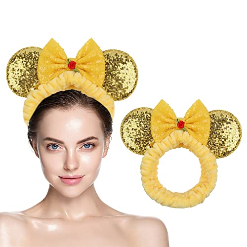 JIAHANG Mouse Ears Wash Face Headband with Sequin Bow, Spa Shower Hair Band, Facial Make Up Head Wrap, Coral Fleece Turban Hair Accessories for Girls Women (Yellow)