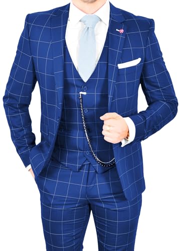 Wangyue Plaid Suit for Men Slim Fit 3 Piece Checked Suits Formal Two Buttons Wedding Business Suits Blazer Vest Pants Set