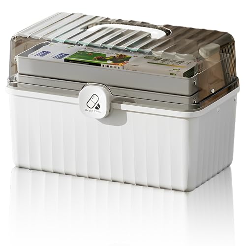 Consejos para Comprar Cajas, almacenamiento y transporte los mejores 10. 48 Caja de Almacenamiento de Medicamentos de Gran Capacidad - 3 Capas Caja de Almacenamiento Primeros Auxilios con Cubierta transparente, con Cierre Giratorio, Compartimentos,...