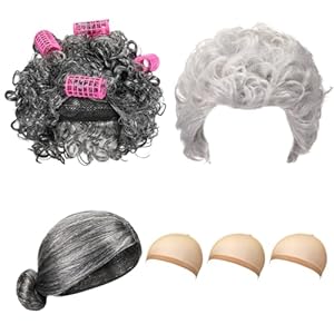 Zeyune Lot de 3 ensembles de costumes de vieille dame pour femme - Perruque pour grand-mère - Accessoires amusants pour grand-mère - Accessoires amusants pour le carnaval du 100e jour d'école