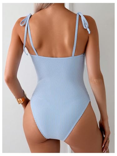 Verdusa Women's Striped One Piece Swimsuit Bow Tie Shoulder Summer Bathing Suit2