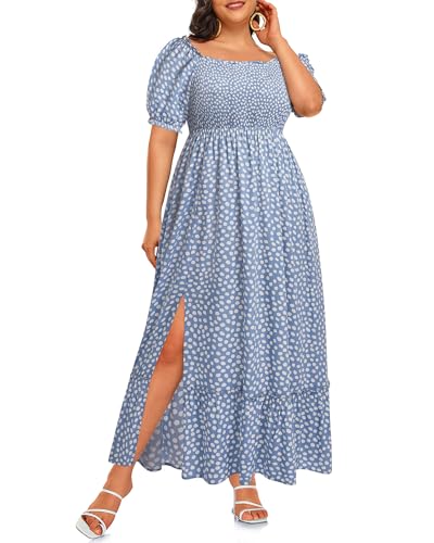 Image of Plus Size Summer Dresses Sun - Maxi Boho Casual Off Shoulder Floral Lace Long Dress with Pockets