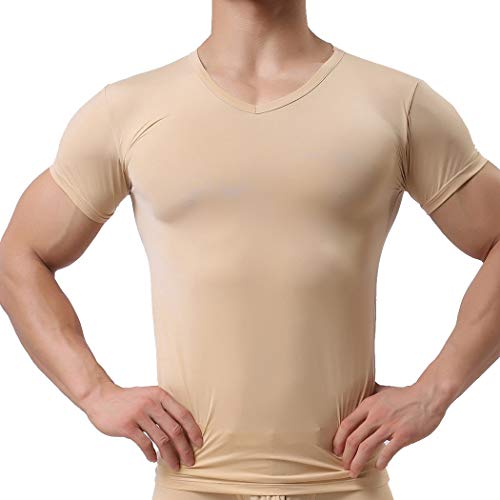 QiaTi Men's Undershirt Short Sleeves T-Shirt Crew-Neck Slim Fit Body Shaper Underwear for Men Beige