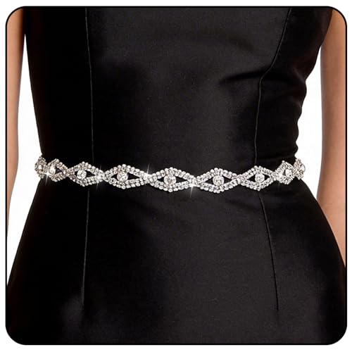 Silber Glitzer Gürtel Damen Glitzergürtel Verstellbarer Strass Kettengürtel Taillengürtel Kleid Rhinestone Belt Dünner Kristall Braut Glitzergürtel Für Abendkleid Braut Jeans Kleider(115cm)