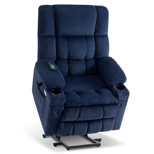MCombo Dual Motor Large Power Lift Recliner Chair for Elderly, Lay Flat Lift Chair with Heat and Massage, Big Lift Recliner for Tall People, Cup Holders, Fabric 7896 (Large, Navy Blue)