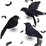PAMASE Real Feathered Halloween Black Crows - 3 Packs Realistic Black Birds Crow Costume, Raven Decor Ornaments for Party Yard Tree Garden Patio Indoor Outdoor Decorations