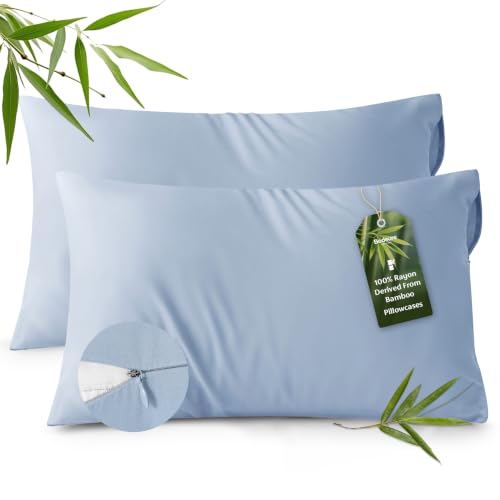 Image of Bedsure Zipper Pillow Cases Standard Size from Rayon Derived from Bamboo | Cooling Pillowcase for Hot Sleepers, Soft & PureWoven Pillow Covers, Gift, Light Blue, 20x26 Inches