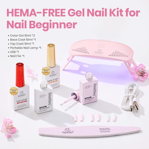 Image of Beetles 2 Colors 10ML HEMA-Free White Pink Gel Nail Kit with U V Light, 6 Pcs Sakura Snow Gel Polish Set French Tips DIY Manicure Kit with Base & Top Coat Soak Off Home Salon Travel Gifts for Women
