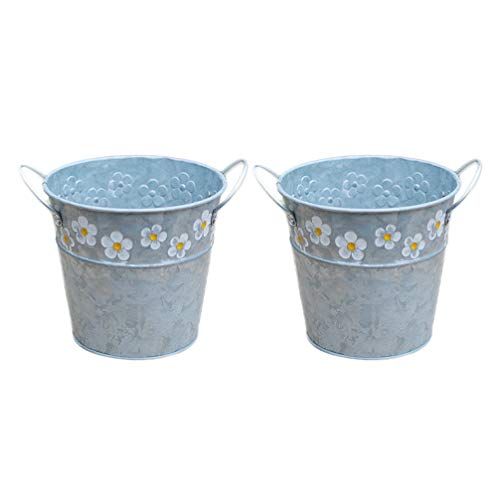 Yardwe Vintage Decor 2Pcs Galvanized Planter Metal Flower Pot Embossed Vintage Bucket Daisy Pattern Planter Indoor Outdoor Home Decoration Flower Pot For Garden Balcony Patio Lawn Home Decor #TOP11