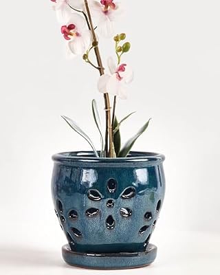 vensovo 5 Inch Ceramic Orchid Pots with Holes and Saucers - 1 Pcs Small Ceramic Orchid Planter Pots for Repotting, Plant Garden Pots for Orchid Indoor and Outdoor Promotes Air Circulation