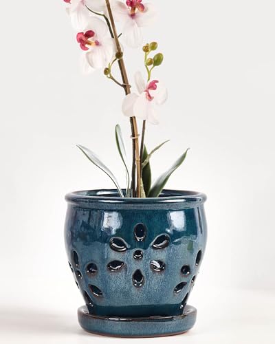 vensovo 13 CM Ceramic Orchid Pots with Holes and Saucers - 1 Pcs Small Succulent Pot for Repotting, Garden Flowerpots for Plants Indoor and Outdoor Promotes Air Circulation, Blue