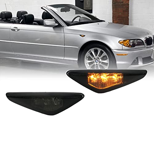 DEPO 04-06 E46 2D Side Marker Lights - Plug and Play Smoke Fender Sidemarkers Lamps (Left + Right) Compatible with 2004-2006 BMW E46 3 Series 2 Door Coupe and Convertible (Smoked Lens, Built-In LED)