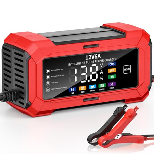 12V 6A Car Battery Charger Multi-Protection Motorcycle Battery Charger Intelligent LCD Screen Fully Automatic for Motorcycles Boats Cars Batteries AGM (Red)