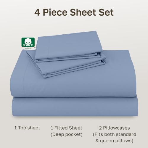 Image of California Design Den Queen Sheet Set - Natural 100% Cotton Sheets Queen Size Bed Set with Deep Pockets, Soft Sateen Weave, Breathable and Durable Bedding (Blue Hydrangea)