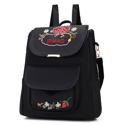 Image of IRMAO Women's Embroidered PU Leather Backpack | Stylish College Bag for Women & Girls | Multi-Purpose Office, Travel & Casual Backpack with Shoulder Straps (Strawberry)
