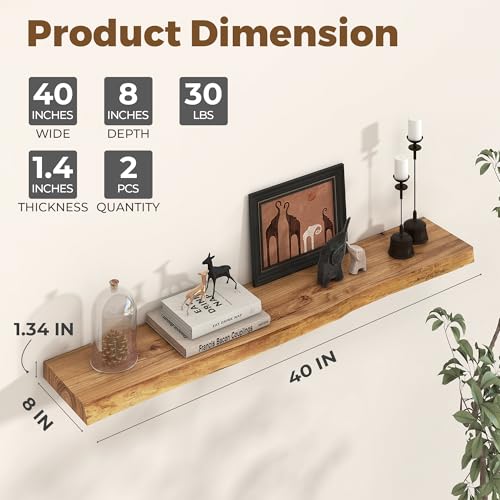 Image of 40 inch Floating Shelves for Wall Live Edge, Natural | 8'' D Rustic Solid Elm Wood, Wall Mounted, Invisible Bracket, Living Room Bedroom Kitchen
