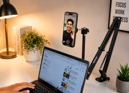 Image of BROLAVIYA Overhead Video Mobile Stand, New Magnetic Bracket with Extra Long Arm, 1 /4 inch Head 2 Way Base clamp, Strong Magnet Compatible with iPhone and Smartphones for Home, Office