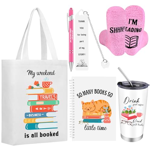 ULELE Set Regali per Amanti dei Libri 6 Pezzi, Set Regalo per Lettori, Accessori per Libri con Borsa in Tela, Borraccia 20oz, Calzini, Segnalibro, Quaderno, Penna a Sfera, Regalo a Tema Libri per
