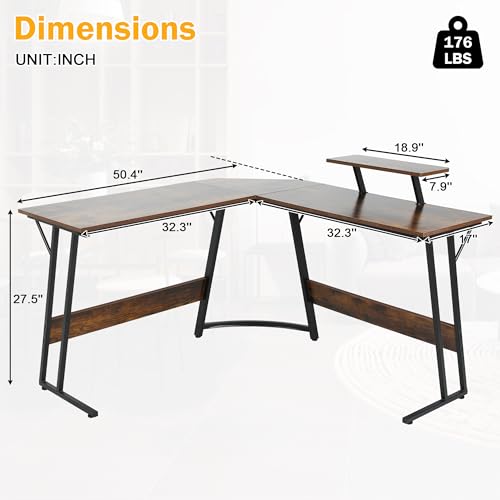 Image of L Shaped Gaming Desk, 50 inch Corner Desk, Spacious Dual Tops, P2 Particleboard, Metal Z-Legs, Adjustable Non-Slip Pads, Scratch /Waterproof, Multi-Use Home Office /Game Room /Dorm