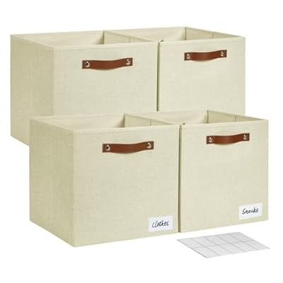 Bagnizer Collapsible Fabric Storage Cube Bins with 2 Reinforced PU Handles, Foldable Storage Organizer Baskets for Closet, Shelves, Living Room | 13"x13"x13", 4 Pack, Full Beige