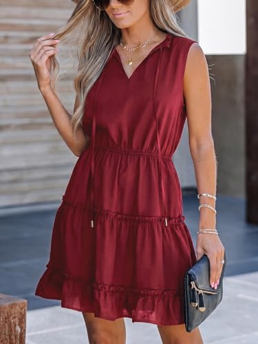 Image of CUPSHE Womens Summer Dresses Tie Neck Sleeveless Tiered Ruffle A-Line Tunic Mini Dress