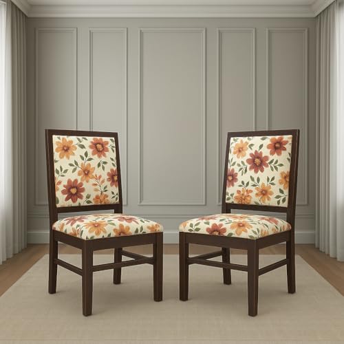 Image of KENDALWOOD Furniture | Solid Sheesham Wood Dining, Study Chair | Multipurpose Chair Set of 2 | Finish:- Walnut Finish with Cream Flower Printed Cushions | 1 Year Warranty |