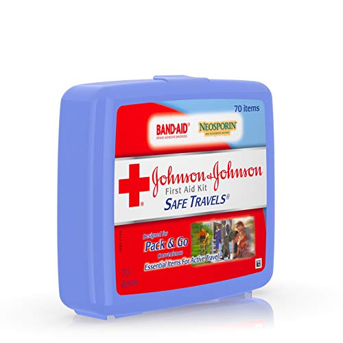 Johnson & Johnson Brand Safe Travels Portable First Aid Kit for Minor Wound Care with Assorted Adhesive Bandages, Ideal for Travel, Car & On-the-Go, 70 pieces