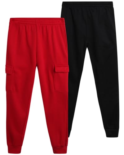 Quad Seven Boys' Sweatpants - 2 Pack Active Fleece Cargo and Basic Jogger Pants (Size 8-18), Size 8-10, BlackRed
