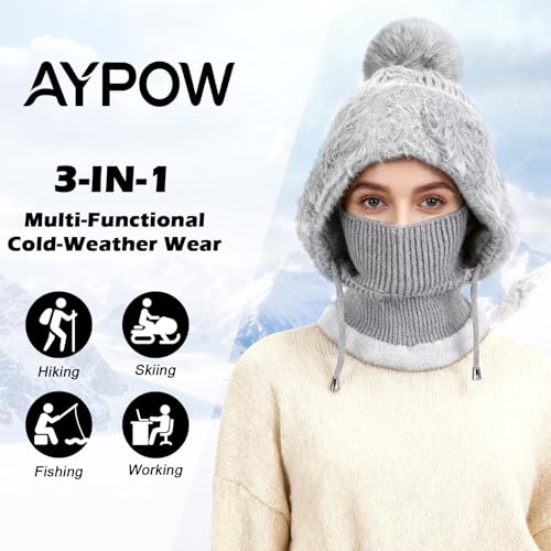AYPOW Winter Warm Strickmütze Halswärmer-Sets Damen, 3 in 1 Beanie Wintermütze mit Weiches Thermo Fleece Gefüttert, Multifunktional Verstellbar Sturmhaube Gesichtsmaske Frauen für Outdoor-Sportarten